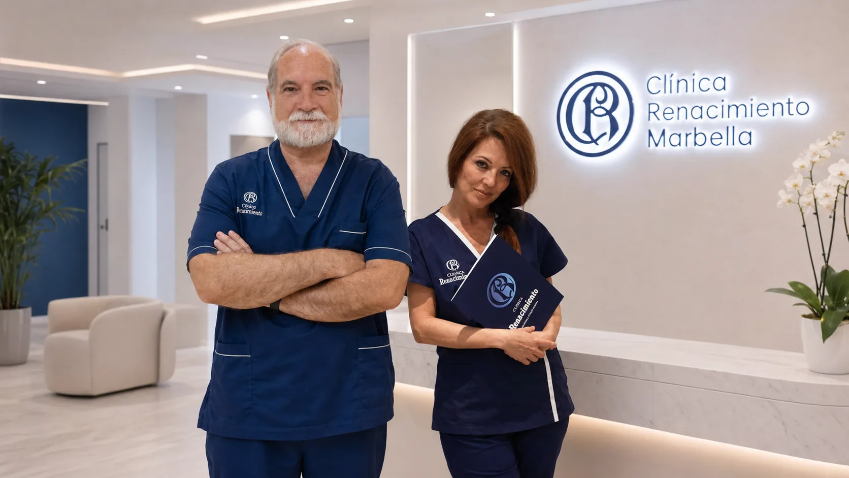 Dr. Joaquín García Aparicio y Gloria en la recepción de Clínica Renacimiento Marbella